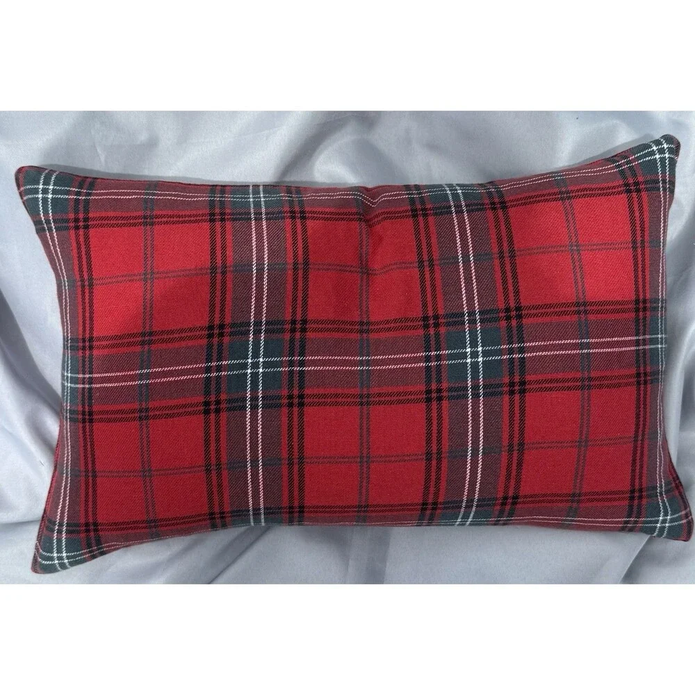 William Sonoma EMBROIDERED Leopard TARTAN Pillow W/ Down Insert Plaid Red Lumbar
